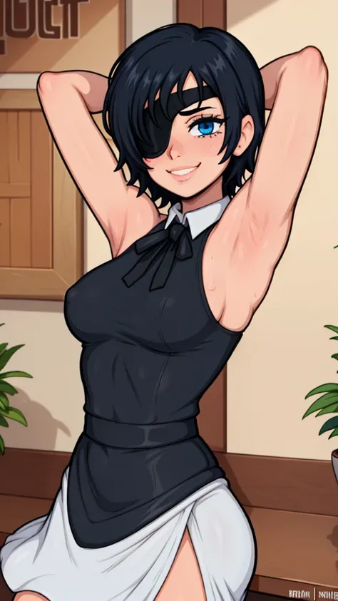 masterpiece, best quality, looking at viewer, upper body, portrait, looking at viewer, seductive smile, put your hands behind your head, armpits, armpits visible, sweaty armpits, himeno, very large breasts, black hair, blue eyes, eyepatch, wearing office o...