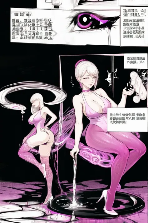 comic storyboard:2, axially symmetrical:2,1 beautiful korean lady in a sexy leotard and sexy leggings，solo，legging chain， holding hiny, with a smile, skewering many sausages with metal sticks and drenched with white cream, front view, fullbody， ((Best qual...