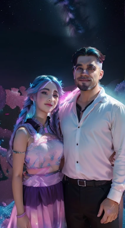 (Couple pose) Man next to alluring (Jinx girl) with gradient white purple braided hair beautiful face,  Irridescent color、Colorful pop characters，Farbe々ornamented、Bright background，adolable，Fantasy，intricate-detail {brightened，K HD，32k constellations