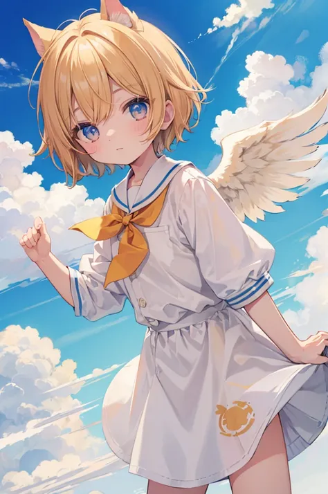 Ocher Hair　Short Hair　Dog ears　boy 　Angel　White Feather　blue sky