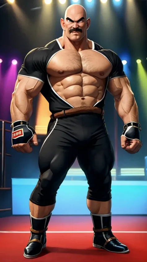 nappa, male focus, solo,cowboy shot, 1boy, bald, muscular male, abs ,black vambraces, veins, pectorals, thighs, black eyes , nipple , mustache, ( brusting rugby suit ) , tail around waist, (best quality, masterpiece) , BDSM , full body , boxing gloves , bl...