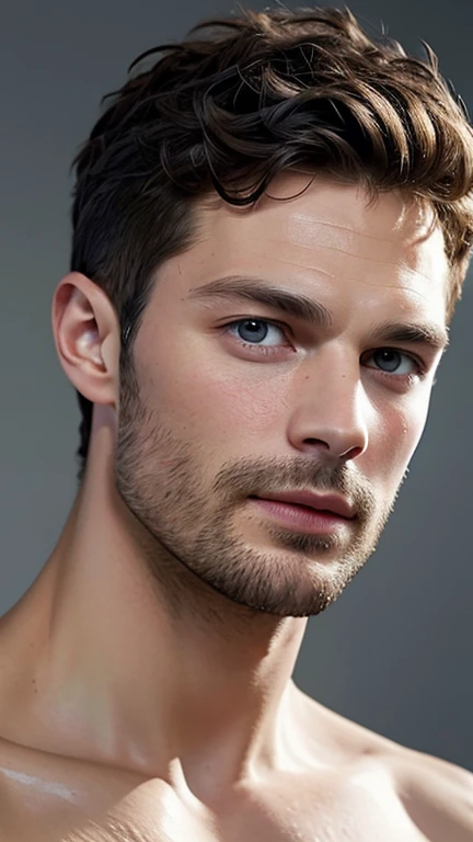 jamie dornan, Sexy man close up portrait care of skin, isolated over gray background. Charming man with perfect smooth soft skin. Spa therapy. Man, face, beauty skincare concept. Banner for web header, copy space.