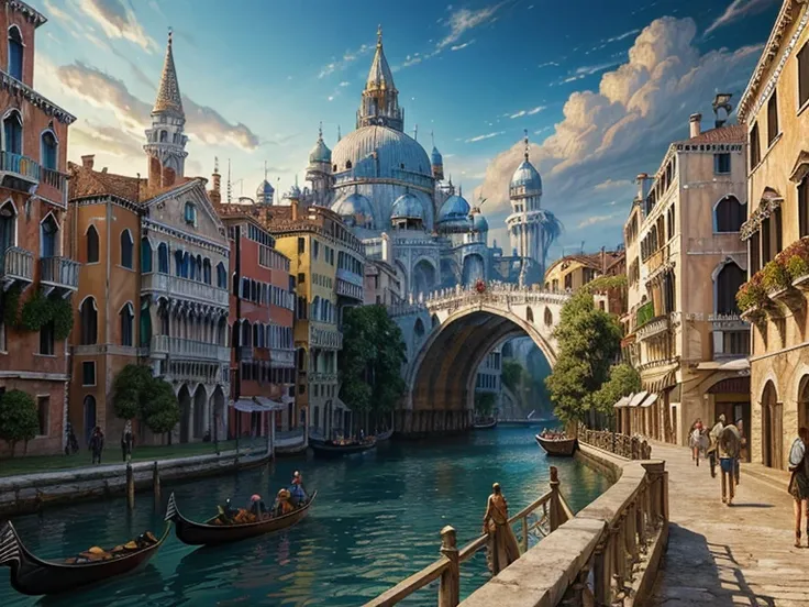 ((highest quality)),(ultra high resolution),(Super detailed),(detailed description),((best CG)),(best work of art),super precision art,amazing drawing art,(Fantasy art with precise details:1.5), empire city similar to venice, long entry bridge over massive...