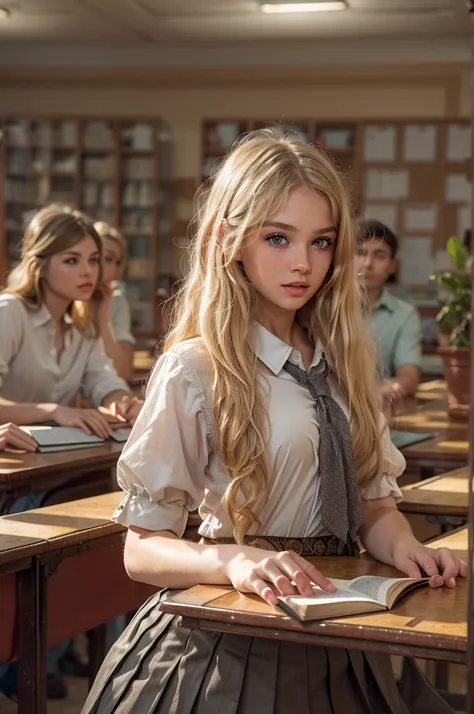 (sienna), masterpiece, a 18 years old girl with long blonde hair, wearing a shirt and pleated skirt, in a classroom, (best quali...