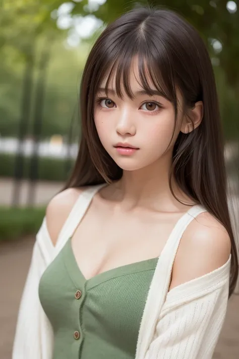 one girl, (a beauty girl, delicate girl:1.3), (13 years old:1.3),
break, (Tilden Cardigan, White camisole:1.2),
break, Very fine grain definition, (Symmetrical eyes:1.3),
break, (Lush green park:1.3), 
break, Small breasts, Brown eyes, Parted bangs, Brown ...