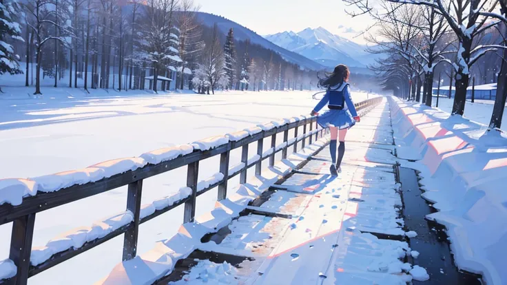 snow、Hokkaido、high school student、Girl、uniform、Fluffy clothes、Beautiful scenery、