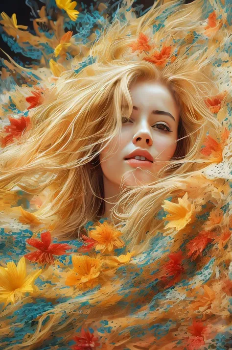 young woman, colorful chaos, elegant, vivid colors, atmospheric, petals, vibrant, striking visual design, twisting flowing fabri...