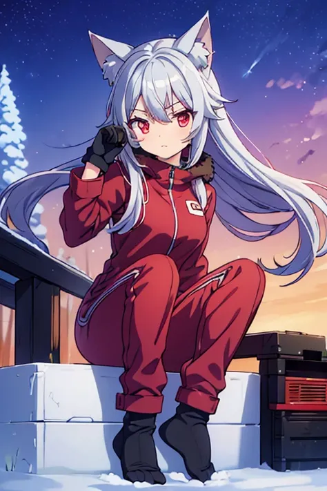 20 year old anime girl, cat ears, grey hair, red eyes, in a winter jumpsuit wearing gloves socks feet shot