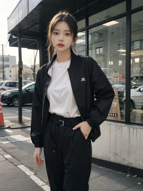 White shirt with black wide-leg pants，Wear a thin black belt，Wear a long black windbreaker outside，Black high heels。