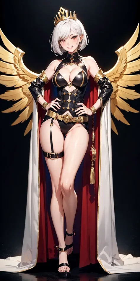 ((BLACK BACKGROUND 1:2, masterpiece)) 1solo female full body MILF BIMBO standing straight symmetrical with two long thighs, red eyes like rubies, eye focus looking to the viewer, silver white hair, short bob style hair, big knockers breastplate, breastplat...