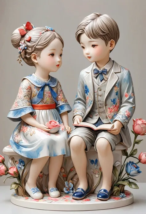 (masterpiece, best quality:1.2) ，artistic statues，3d sculpture，ceramics(((boys and girls，lover:1.3)))，watercolor pattern， whole ...