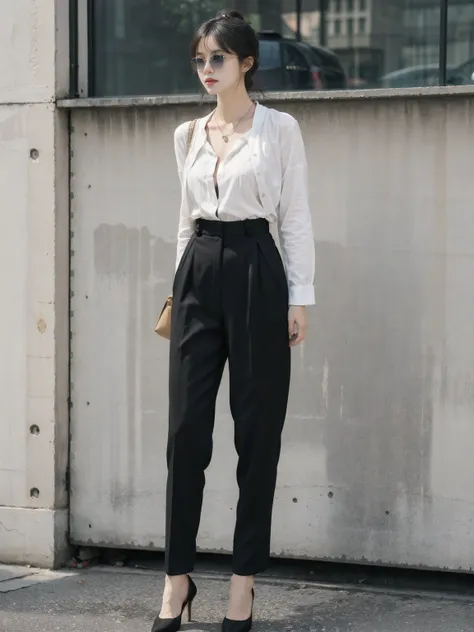 Black suit suit，Wear a simple white shirt，Paired with black high heels and a delicate necklace。
Gray vertical striped suit，With red high heels，Show a strong aura。Large size sunglasses，Add coolness。