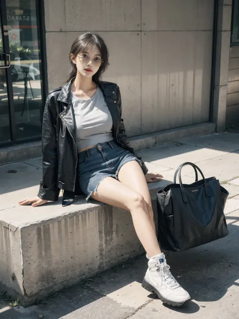 Light blue denim shorts with a black short leather jacket，Wear a black tube top，Paired with black Martin boots and personalized sunglasses。
Loose white T-shirt tucked into black leather skirt，Wear a khaki long trench coat，Feet on black sneakers，