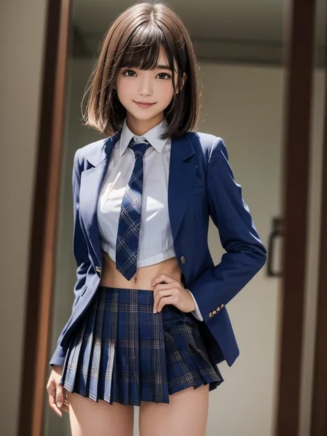 (8k, RAW Photos, highest quality), Stand in the classroom of school, (((((((One woman))))))), ((Brown Hair)), ((Short Bob Hair)), ((Detailed eyes)), ((smile)), ((White blouse)), ((tie)), (((Dark blue closed blazer))), (((A blue plaid pleated miniskirt that...