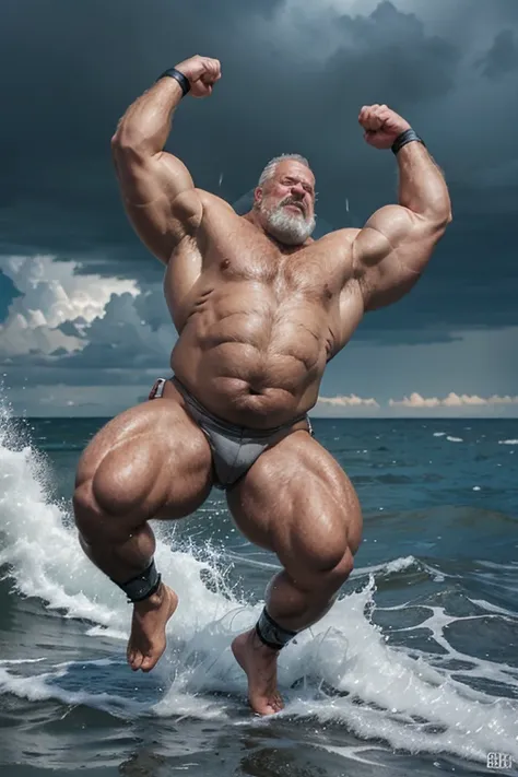  old nordic samurai superhero jumping in the air very long gray hair angry super heavy bodybuilder flexing his muscles A full body obese bodybuilder with a very sweaty body An extremely muscular and extremely fat old man over 70 years old weighing over 600...