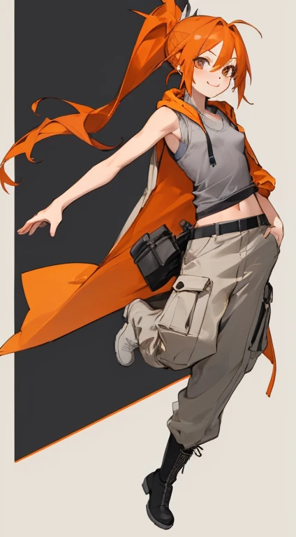 ((highest quality)), ((masterpiece)), (be familiar with),woman,Orange Hair,semi-long,ponytail,{{nsfw}},Sleeveless hoodie,Grey Shirt,cargo pants,Captivating smile,whole body,boots,Long coat,Erect nipples,Flat Chest
