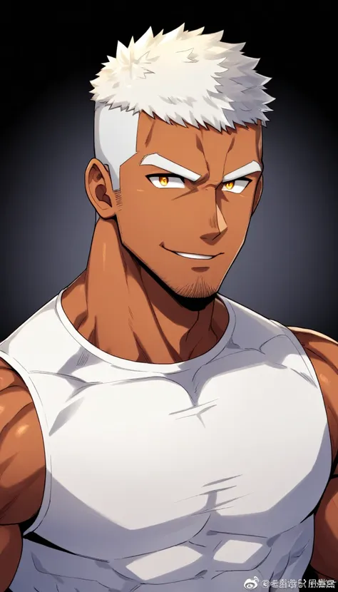 anime characters：gyee，full body photo，fitness coach, chocolate skin, 1 muscular tough guy, manliness, male focus, cream white sl...