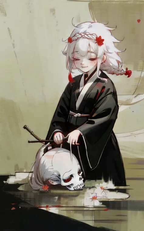 Solitary,1 female(Red Cliff,Lovely,Kawaii,10 years old,Hair color: white,Braided hair,messy hair,Dark eye color,closed eyes smile,White skin,A big smile,enjoy,whole body,Wearing the black robe of the Grim Reaper,Holding a sickle and a skull,Skip,Flower Hai...