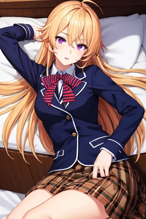 masterpiece, absurdres, best quality, (extremely detailed eyes and face), natural skin texture, detailed skin, sharp focus, intricate details, natural lighting, perfect body,(1lady,blonde long hair,purple eyes,ahoge),(school uniform,navy blazer,shirt,brown...