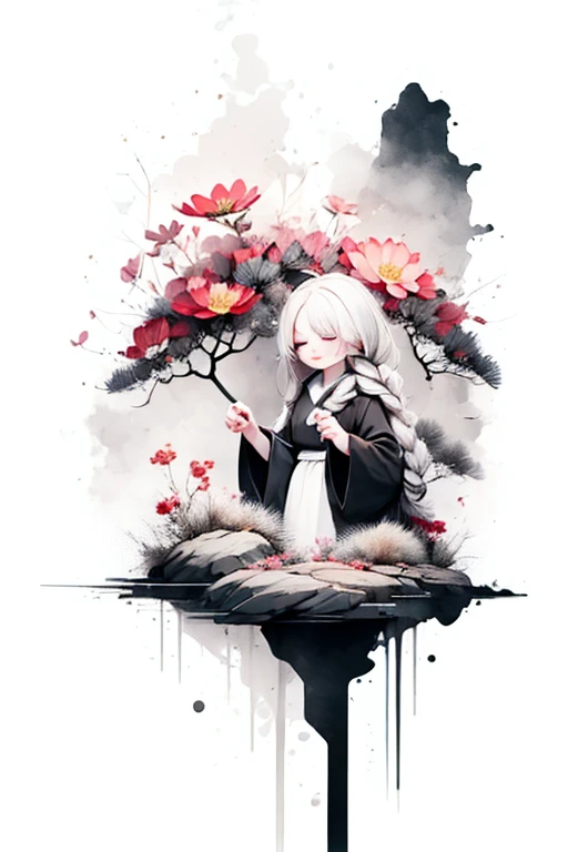 alone,1 Female(Little,cute,cute,10 years old,Hair color is white,Braid,Messy Hair,Eye color is dark,Close your eyes and laugh,White skin,Big smile,enjoy,whole body,Grim Reaper wearing a black robe,Holding a sickle and a skull,skip,Flower Hair Ornaments,Gra...