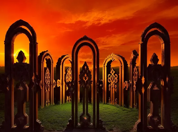 image of a group of arches in a field with a sunset in the background, A Door in Hell, Symmetrical fantasy landscape, majestic occult gate, the The gates of hell, the A Door in Hell, The gates of hell, A gateway to another dimension, doors, which are space...