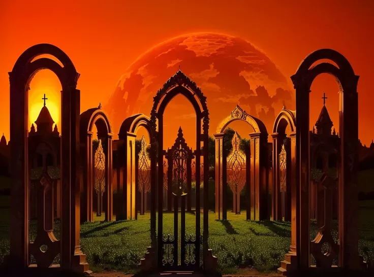 image of a group of arches in a field with a sunset in the background, A Door in Hell, Symmetrical fantasy landscape, majestic occult gate, the The gates of hell, the A Door in Hell, The gates of hell, A gateway to another dimension, doors, which are space...