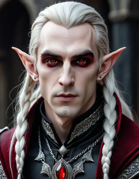 hyperrealistic and heavy detailed modern ((dnd portrait)) of an elf vampire (lord) 1boy, pale white skin, piercings on lips and ears, black metal style eye makeup, pointy elf ears, masculine jawline, mutton chops beard style without mustache, long hair dar...