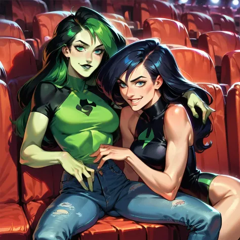 score_9, score_8_up, score_7_up, score_6_up, score_5_up, (high quality, detailed, beautiful), detailed soft lighting, rating_safe, 2girls, Shego sitting with Kim Possible, on a romantic date, in love, girlfriends, beautiful eyes, open eyes, smiling lovingl...