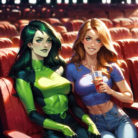 score_9, score_8_up, score_7_up, score_6_up, score_5_up, (high quality, detailed, beautiful), detailed soft lighting, rating_safe, 2girls, Shego sitting with Kim Possible, on a romantic date, in love, girlfriends, beautiful eyes, open eyes, smiling lovingl...