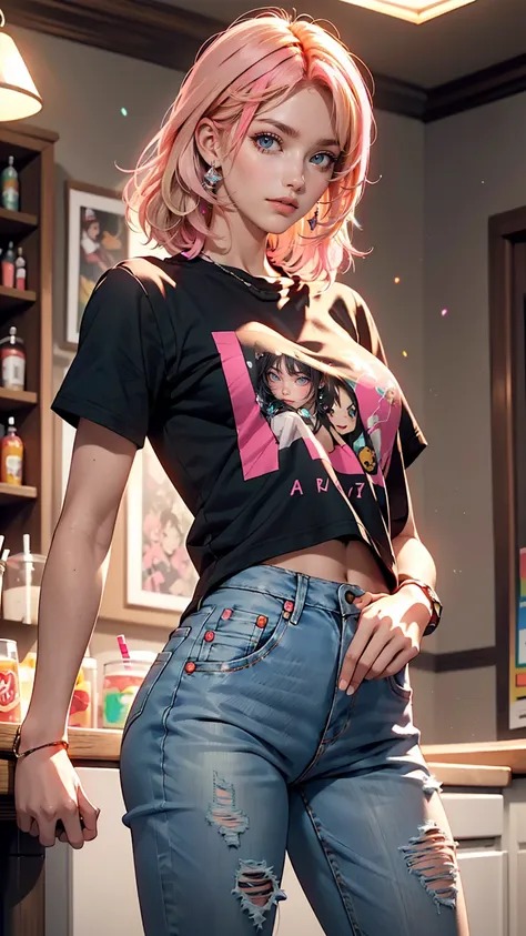 AniPoma 1,(masterpiece, Best illustrations, The best manga), alone, One girl, Purple eyes, (Shiny skin, Soft Hair), (Milkshake in hand), freckles, (Bright pink two-tone hair:1.3), (Wearing a Led Zeppelin T-shirt, Denim jeans), (Extreme light and shadow, Vo...