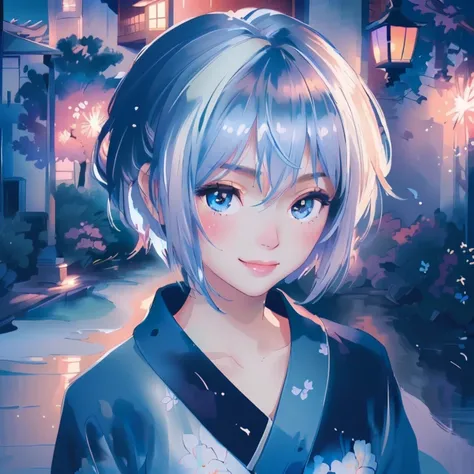 (best quality,4k,8k,highres,masterpiece:1.2),ultra-detailed, colorful fireworks,soft lighting,serene expression,hint of a smile,traditional Japanese garden,peaceful atmosphere,shadows and highlights,subtle textures,subtle patterns,detailed floral pattern o...