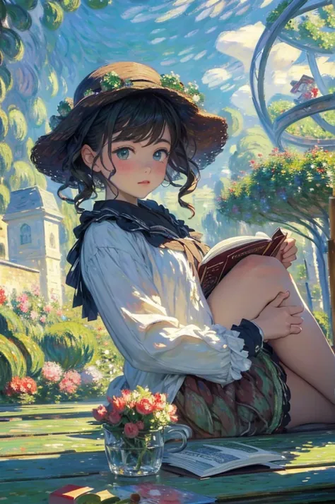 (masterpiece, best quality:1.1), girl is reading a book seriously,Sitting,beautiful detailed face,surrounded by piles of books,colorful,Many books are flying in the sky,Scenery from a dream,(art by Claude Monet:1.3),Impressionism,leinairisme, 