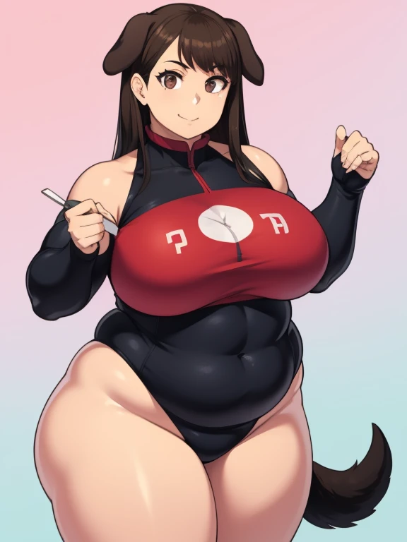 Plump black dark hair brown eyes  year 21 big breasts chubby longer hair smile girl dog ears tail leotard