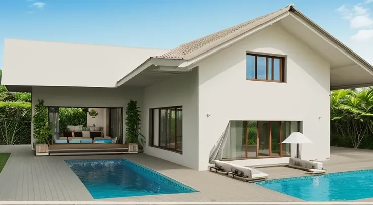 modern villa, pristine, swimming pool surrounded by grass, terrace with outdoor sitting space, in the style of bohemian chic and japandi, lush tropical background, architectural details, highly detailed