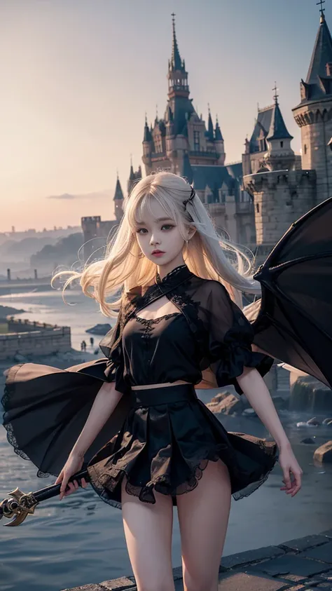 8k resolution，demon，The formation on the head，float，Castle Background，White skin，，Asian，one person，Black tulle skirt