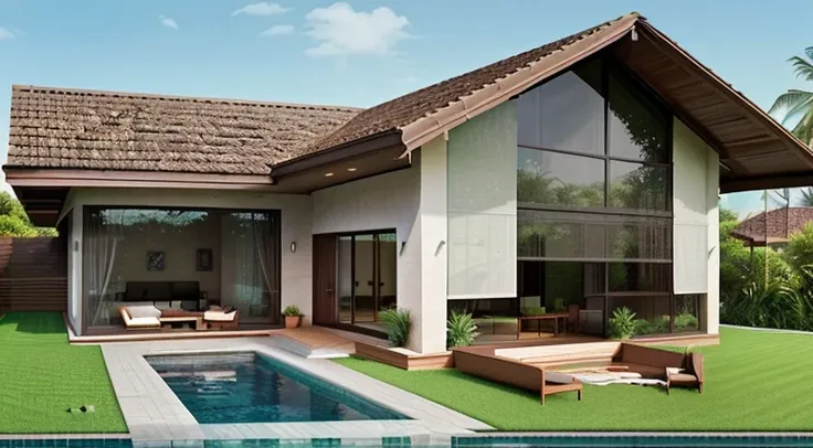 modern villa, pristine, (big windows) bedroom and living area, (swimming pool surrounded by grass), (warm brick terrace with outdoor sitting space), in the style of japandi, tropical background, architectural details, highly detailed