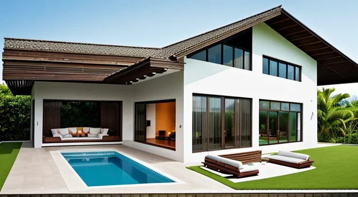 modern villa, pristine, grass, swimming pool, terrace with outdoor sitting space, in the style of bohemian chic and japandi, lush tropical background, architectural details, highly detailed