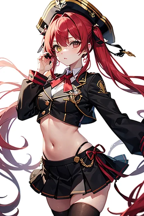 Belly-baring stockings　Twin tails　Hair color is wine red　Red ribbon hair ornament　black pirate hat　Houshou Marine　Left eye is yellow　Right eye is red　No sleeve　Short skirt　The color of the dress is wine red