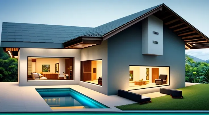 modern villa, pristine, grass, swimming pool, terrace with outdoor sitting space, in the style of bohemian chic and japandi, lush tropical background, architectural details, highly detailed