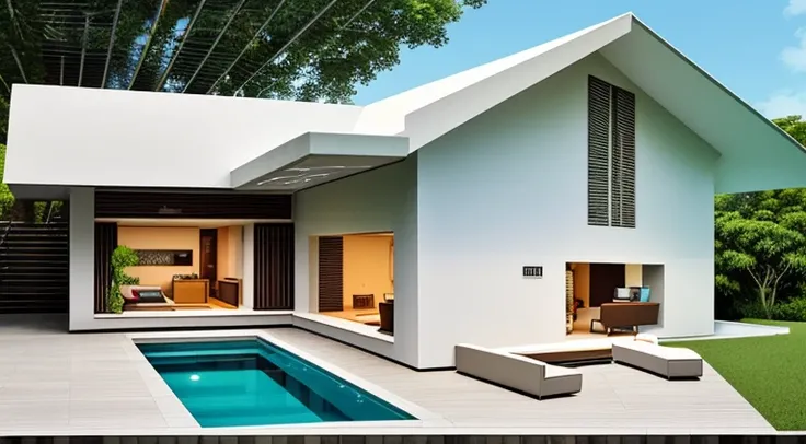 modern villa, pristine, grass, swimming pool, terrace with outdoor sitting space, in the style of bohemian chic and japandi, lush tropical background, architectural details, highly detailed