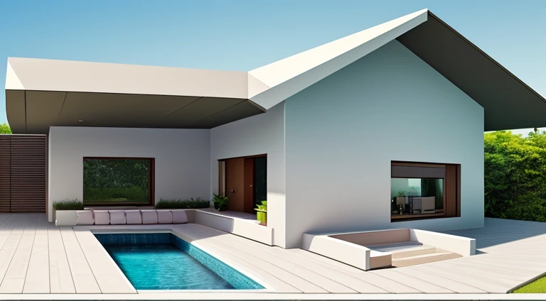 modern villa, pristine, grass, swimming pool, terrace with outdoor sitting space, in the style of bohemian chic and japandi, lush tropical background, architectural details, highly detailed