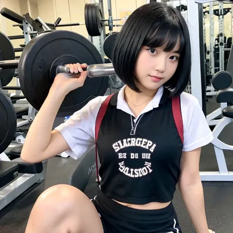 Bob hair, high school girl, black hair, gym clothes 