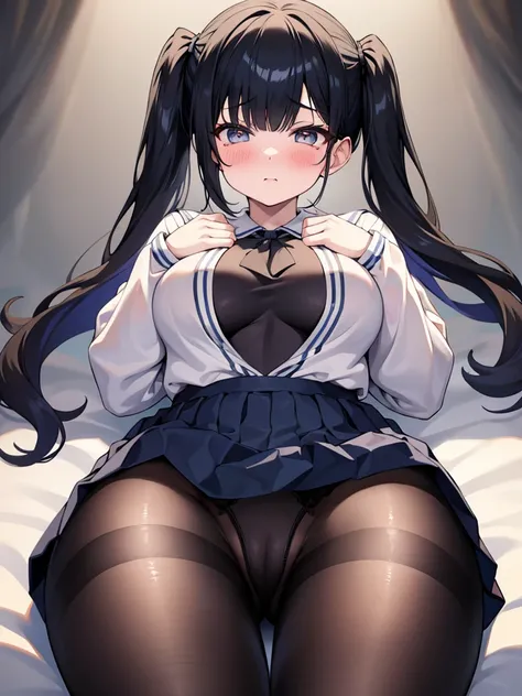 high school girl、younger sister、teenager、Under the skirt、Voluptuous body、Plump thighs、Twin tails、Best image quality、High resolution、masterpiece、super high quality、Spread your legs 、Striped bra、Striped panties、とてもBig Ass、Blushing、4K quality、Sailor suit、Big ...