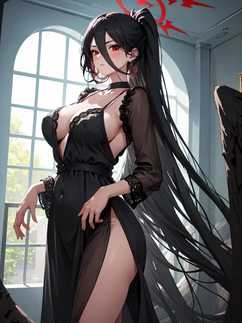 (SFW), (safe:1.10), masterpiece, best quality, highres, 1girl, solo, (hasumi_bluearchive:1.10), standing dynamic poses, cowboy shot, looking at the viewer, earrings, large breasts, ((black night gown, short night gown)), blush, indoors, big Victorian windo...