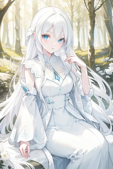 a beautiful white fox girl, delicate detailed facial features, beautiful eyes, long eyelashes, detailed lips, porcelain skin, flowing white hair, detailed fur, elegant white dress, graceful pose, serene expression, fantasy forest background, sunlight filte...