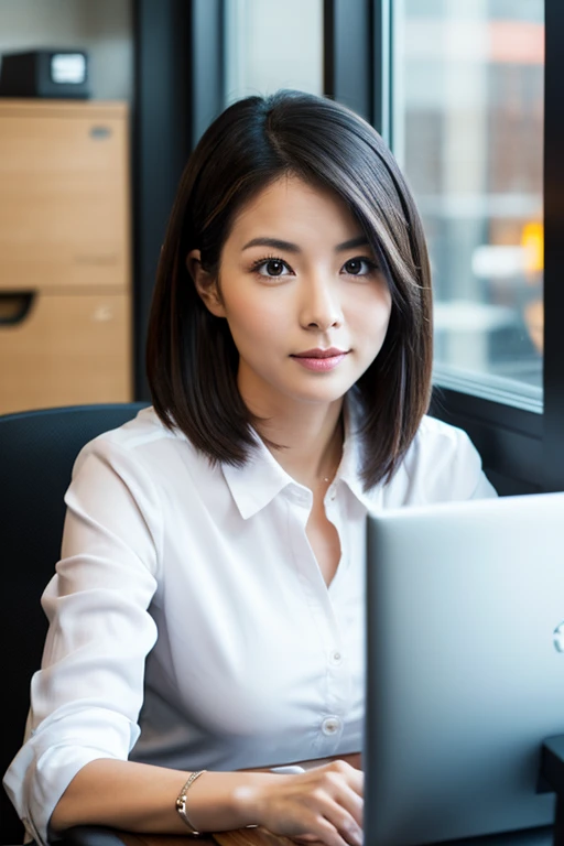 A woman in her 30s with a clean look、Working on a PC in a stylish office。The face is facing you