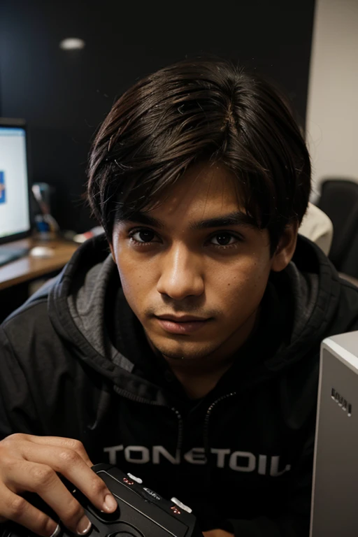 Garoto de dezeseis anos sentado na frente do computador jogando videogame 