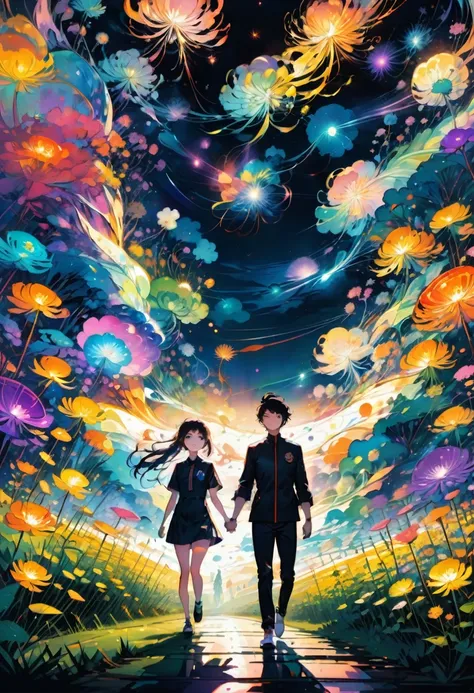 Couple Photo, aesthetic, Theres a young woman and young man holding each others hand in a field of dandelions at night while running, by artist "anime", Anime Key Visual, Japanese Manga, Pixiv, Zerochan, Anime art, Fantia