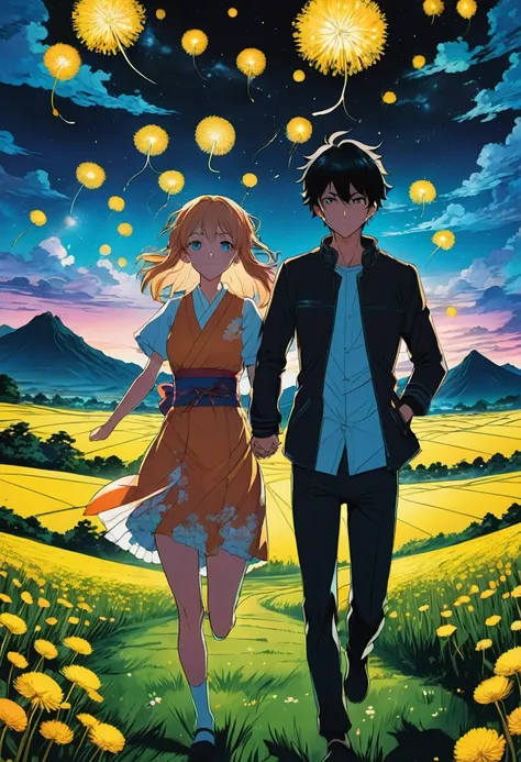 Couple Photo, aesthetic, Theres a young woman and young man holding each others hand in a field of dandelions at night while running, by artist "anime", Anime Key Visual, Japanese Manga, Pixiv, Zerochan, Anime art, Fantia