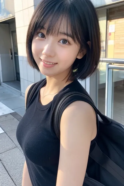 short hair、university student、Big Breasts、Black Hair、Big eyes、Small Mouth、